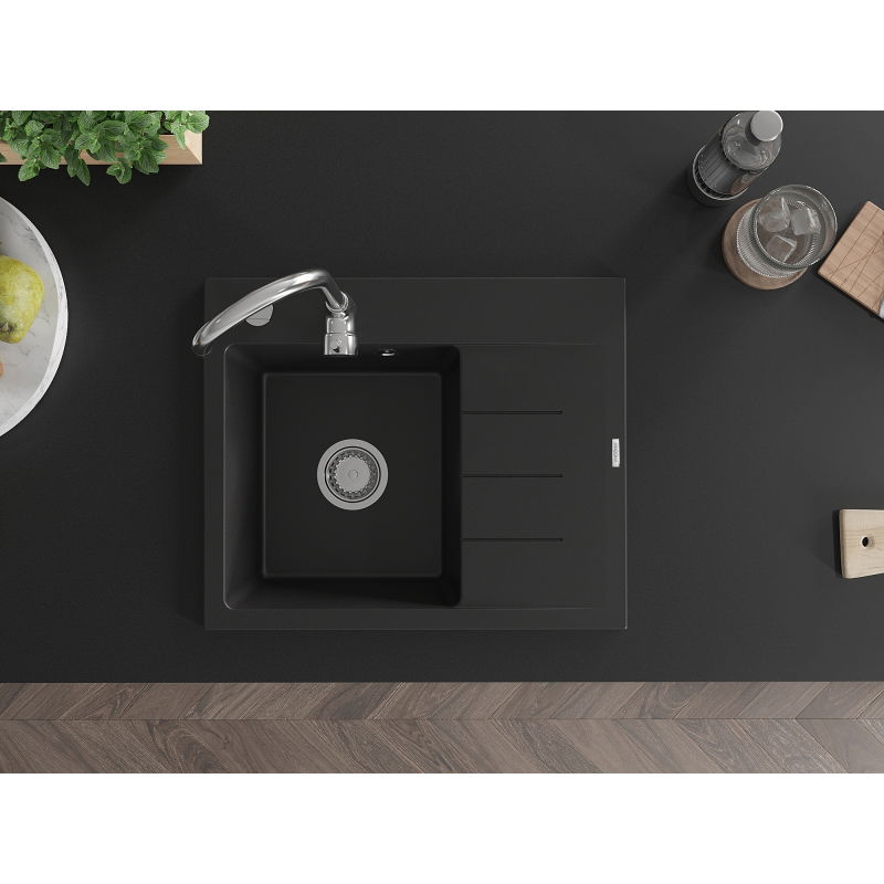 Mexen Ben granite sink 1-bowl with drainer, left 600 x 500 mm, black, chrome siphon - 6522605000-77