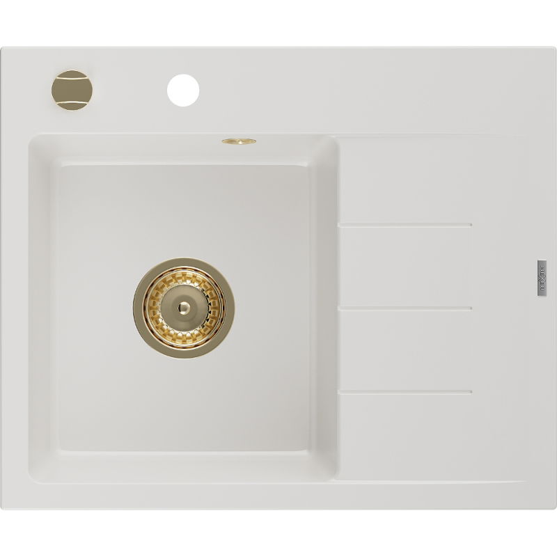 Mexen Ben granite kitchen sink 1-bowl with left drainer 600 x 500 mm, white, gold siphon - 6522605000-20-G
