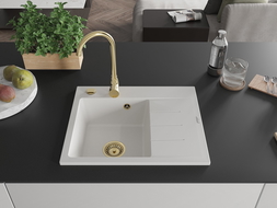 Mexen Ben granite kitchen sink 1-bowl with left drainer 600 x 500 mm, white, gold siphon - 6522605000-20-G