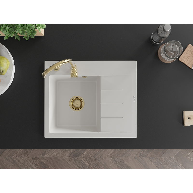 Mexen Ben granite sink 1-bowl with drainer, left 600 x 500 mm, white, gold siphon - 6522605000-20-G