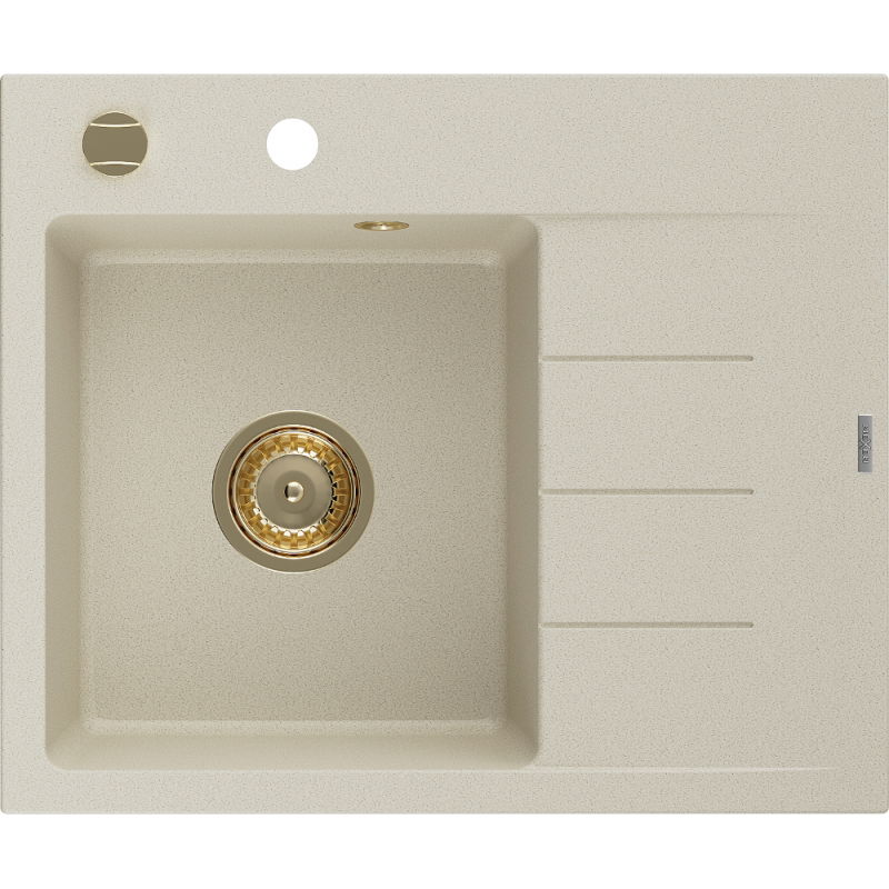 Mexen Ben granite sink 1-bowl with left drainer 600 x 500 mm, beige, gold siphon - 6522605000-69-G