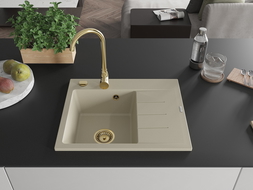 Mexen Ben granite sink 1-bowl with left drainer 600 x 500 mm, beige, gold siphon - 6522605000-69-G
