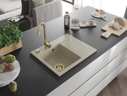 Mexen Ben granite sink 1-chamber with drainer, left 600 x 500 mm, beige, gold siphon - 6522605000-69-G