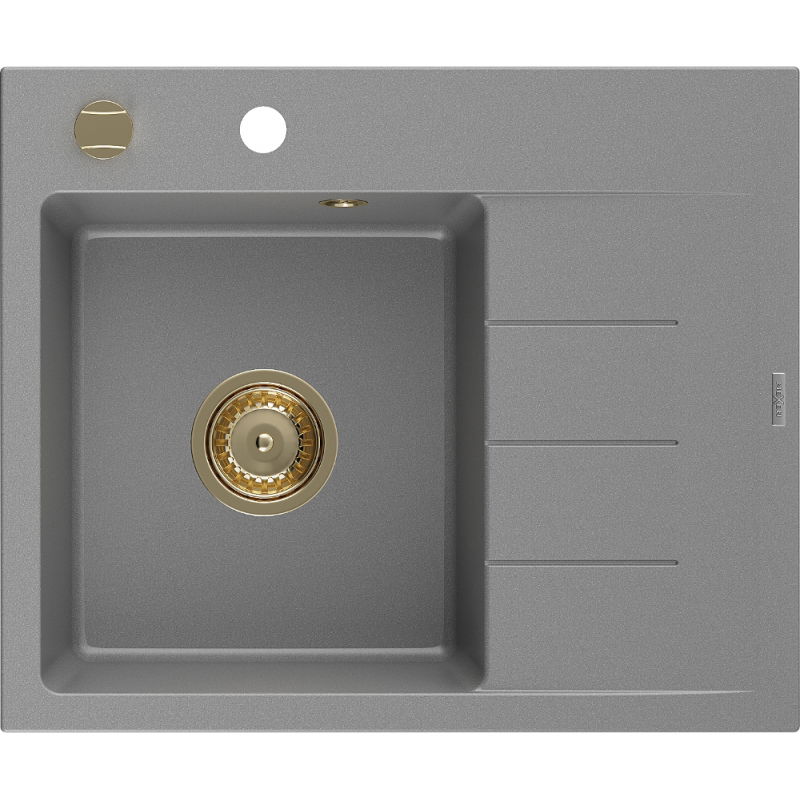 Mexen Ben granite sink 1-bowl with left drainer 600 x 500 mm, gray, gold siphon - 6522605000-71-G