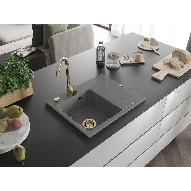 Mexen Ben granite kitchen sink 1-bowl with drainer, left 600 x 500 mm, gray, gold siphon - 6522605000-71-G