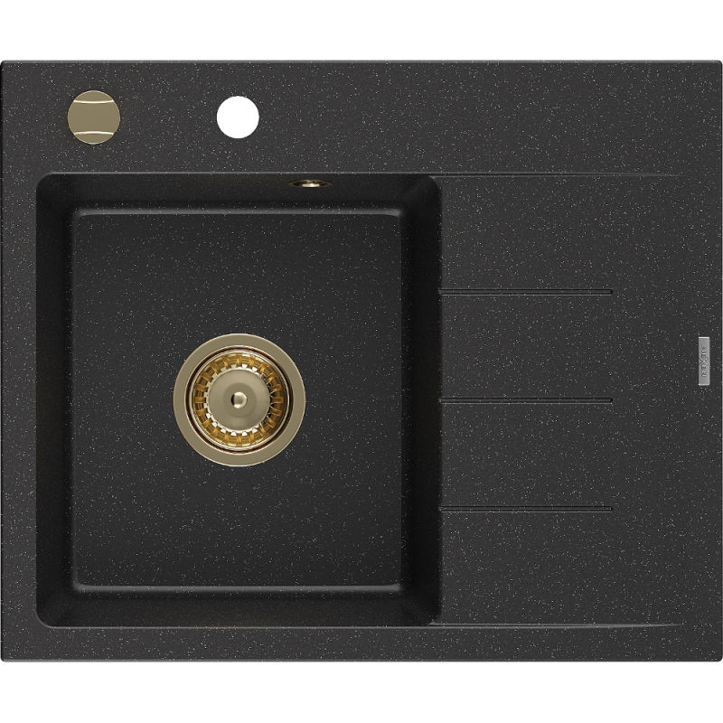 Mexen Ben granite sink 1-bowl with left drainer 600 x 500 mm, black/silver metallic, golden siphon - 6522605000-73-G