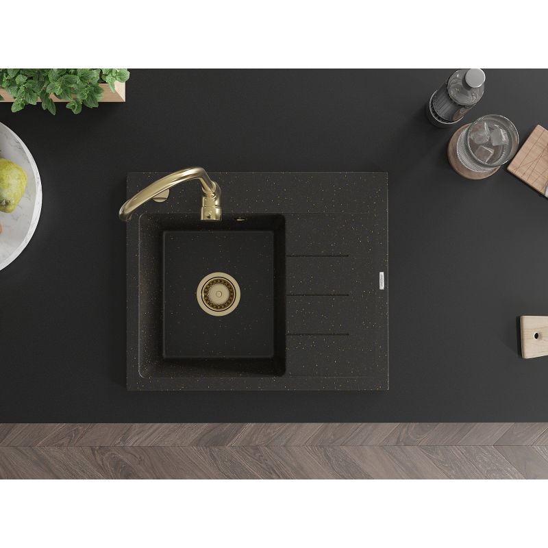 Mexen Ben granite sink 1-bowl with drainer, left 600 x 500 mm, black/gold metallic, gold siphon - 6522605000-75-G