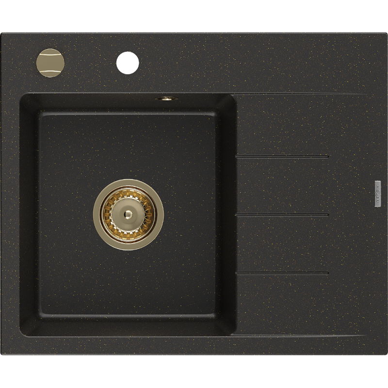 Mexen Ben granite sink 1-bowl with left drainer 600 x 500 mm, black/gold metallic, gold siphon - 6522605000-75-G