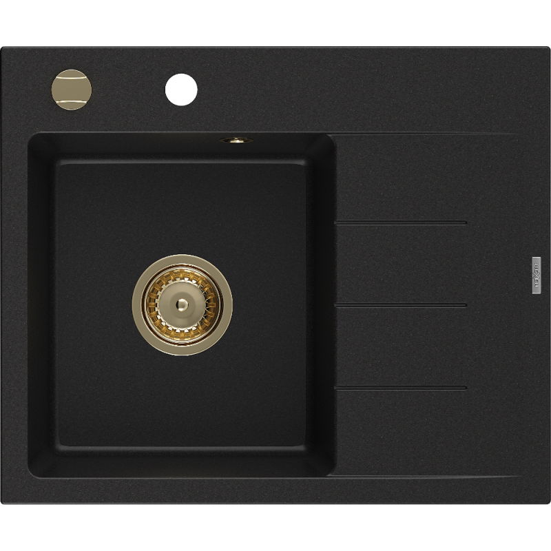 Mexen Ben granite sink 1-bowl with left drainer 600 x 500 mm, black, gold siphon - 6522605000-77-G
