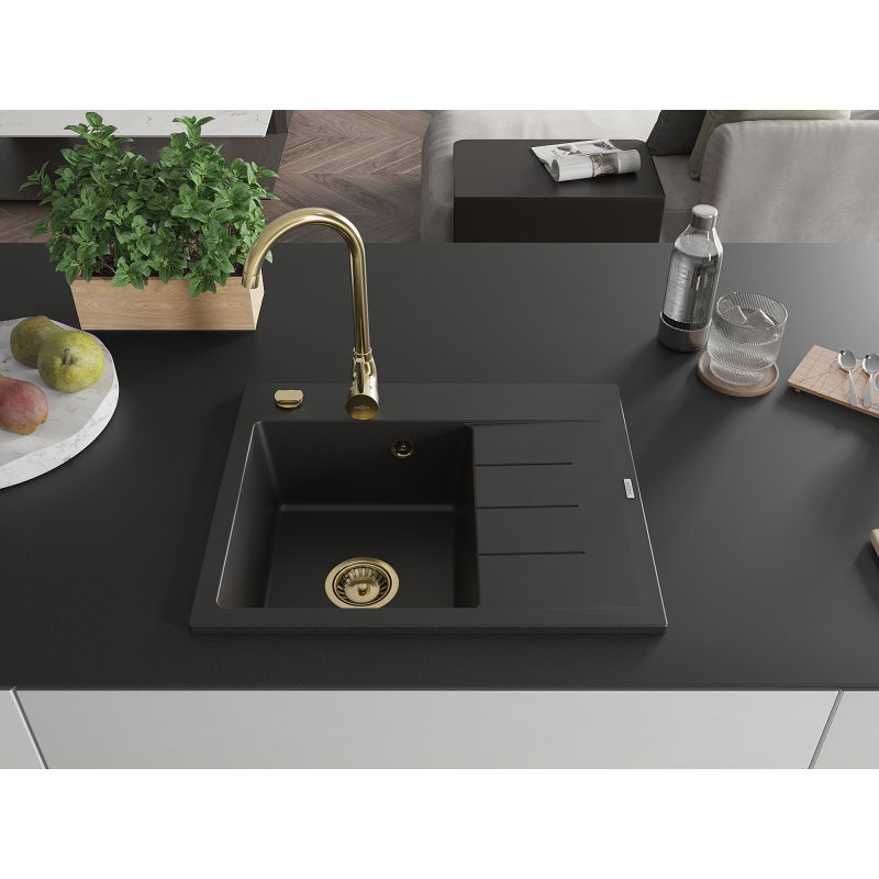 Mexen Ben granite sink 1-compartment with drainer, left 600 x 500 mm, black, gold siphon - 6522605000-77-G