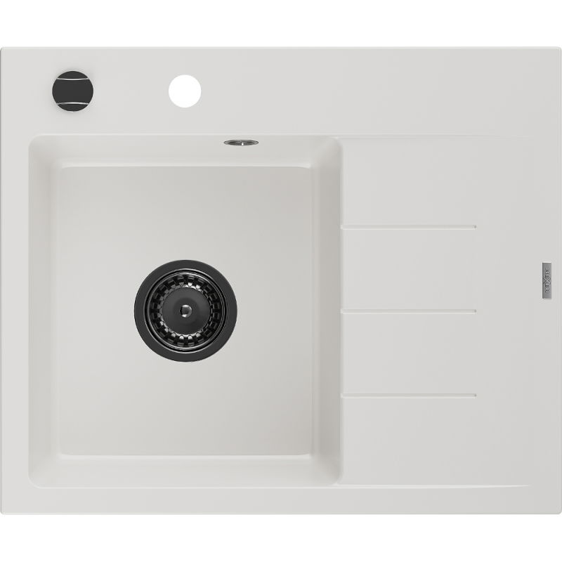 Mexen Ben granite sink 1-bowl with left drainer 600 x 500 mm, white, black siphon - 6522605000-20-B