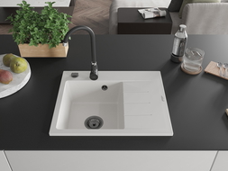 Mexen Ben granite sink 1-bowl with drainboard, left 600 x 500 mm, white, black siphon - 6522605000-20-B