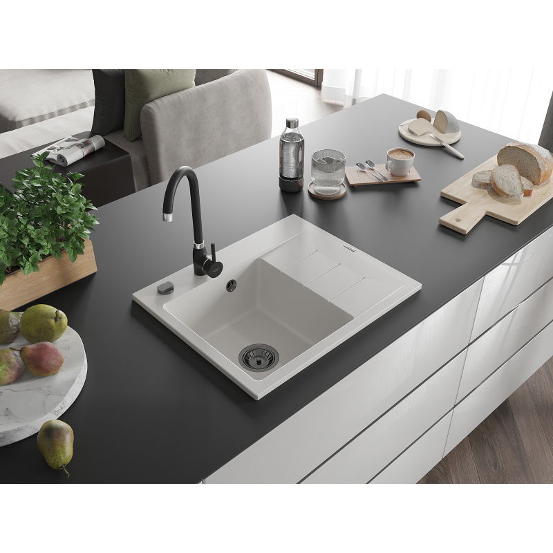 Mexen Ben granite sink 1-bowl with drainboard, left 600 x 500 mm, white, black siphon - 6522605000-20-B