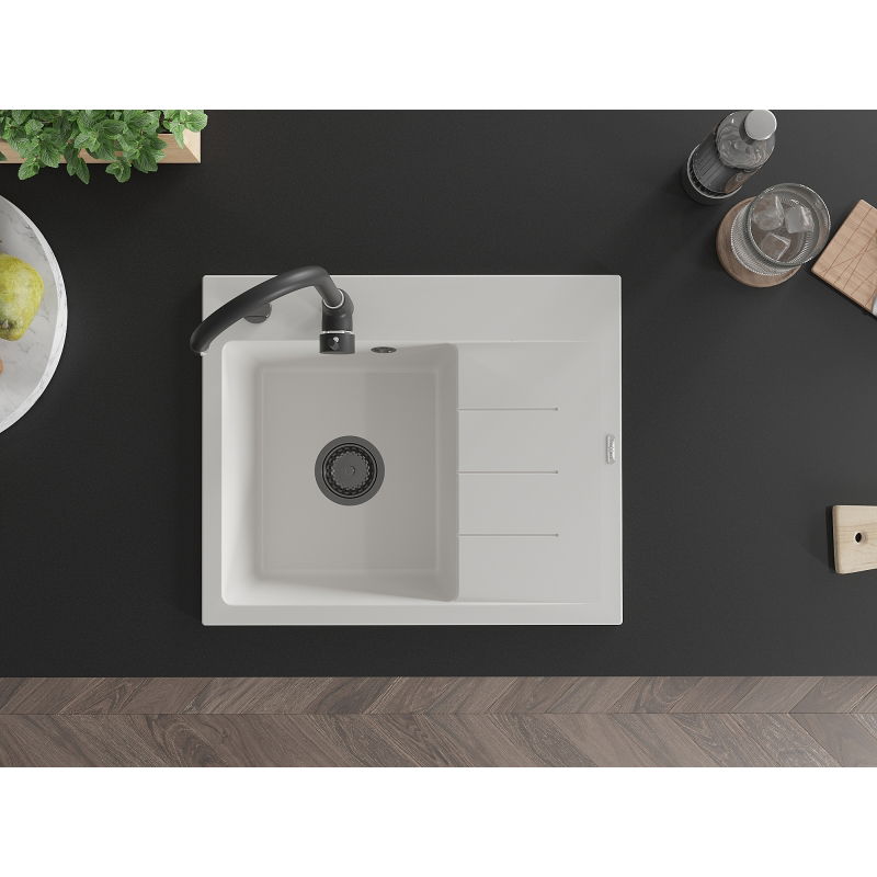 Mexen Ben granite sink 1-bowl with drainboard, left 600 x 500 mm, white, black siphon - 6522605000-20-B