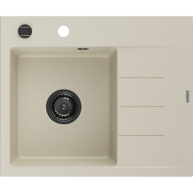 Mexen Ben 1-bowl granite kitchen sink with drainer, left, 600 x 500 mm, beige, black siphon - 6522605000-69-B