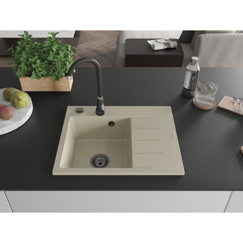 Mexen Ben 1-bowl granite kitchen sink with drainer, left, 600 x 500 mm, beige, black siphon - 6522605000-69-B