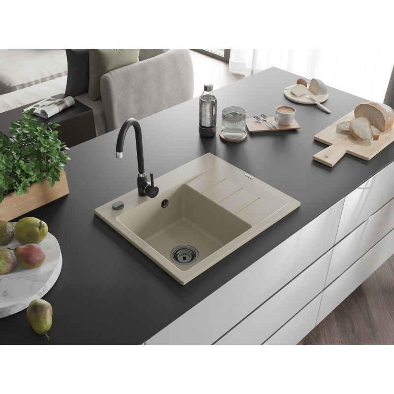 Mexen Ben 1-bowl granite kitchen sink with drainer, left, 600 x 500 mm, beige, black siphon - 6522605000-69-B