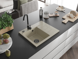 Mexen Ben 1-bowl granite kitchen sink with drainer, left, 600 x 500 mm, beige, black siphon - 6522605000-69-B