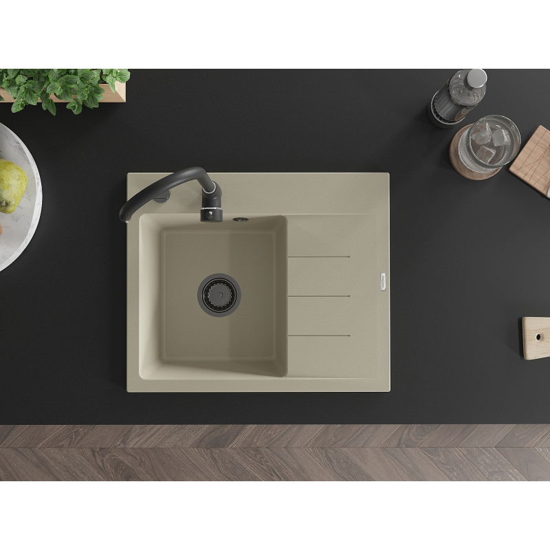 Mexen Ben 1-bowl granite kitchen sink with drainer, left, 600 x 500 mm, beige, black siphon - 6522605000-69-B