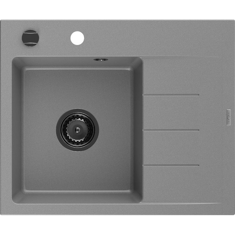 Mexen Ben granite sink 1-bowl with left drainer 600 x 500 mm, gray, black siphon - 6522605000-71-B
