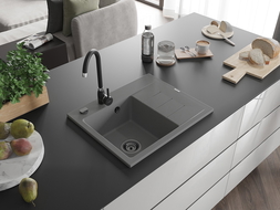 Mexen Ben granite sink 1-bowl with drainer, left 600 x 500 mm, gray, black siphon - 6522605000-71-B