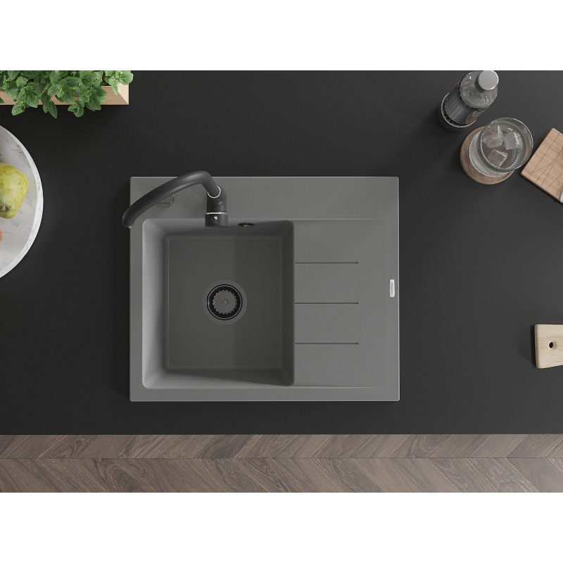Mexen Ben granite sink 1-bowl with drainer, left 600 x 500 mm, gray, black siphon - 6522605000-71-B