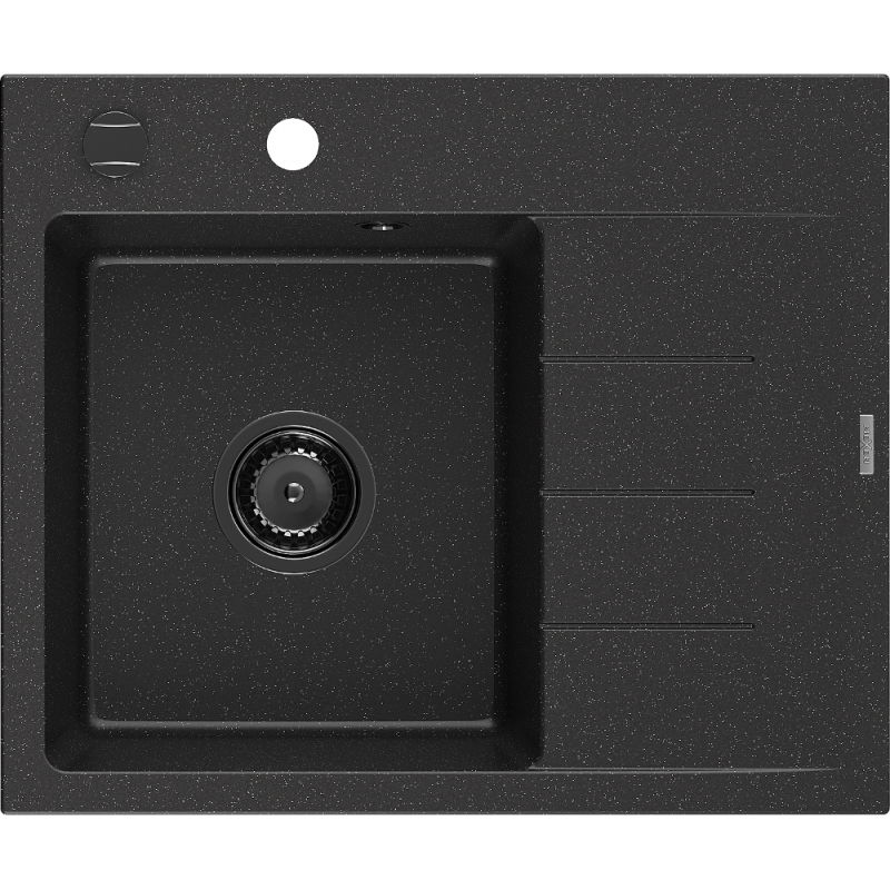 Mexen Ben granite sink 1-bowl with left drainer 600 x 500 mm black/silver metallic, black siphon - 6522605000-73-B