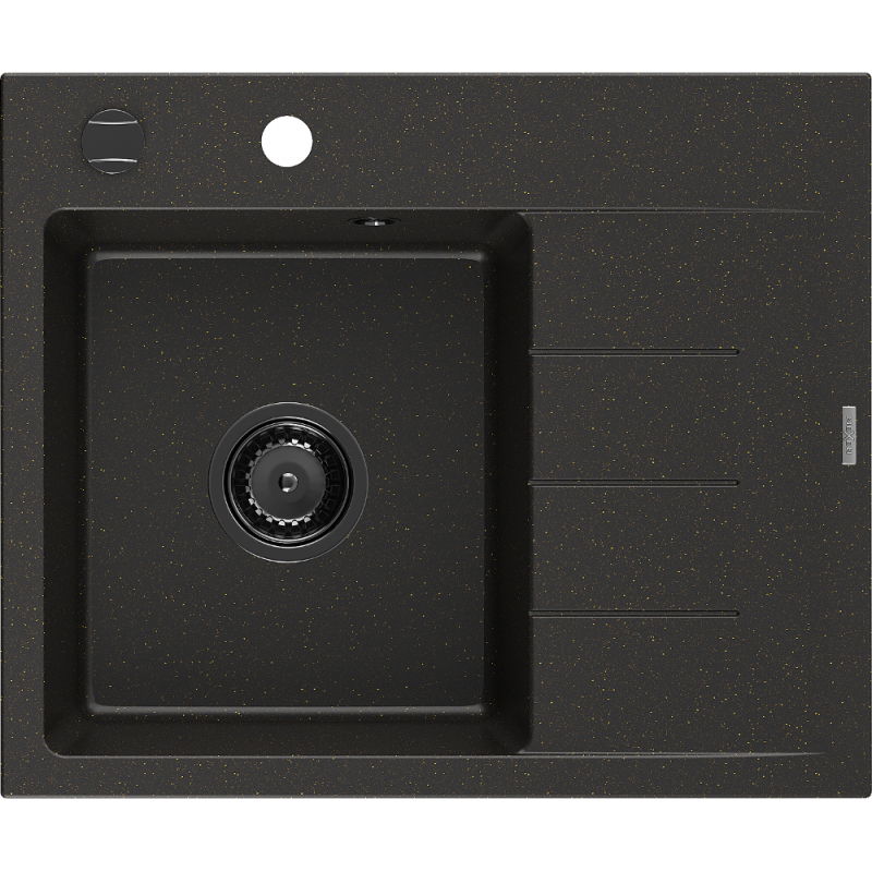 Mexen Ben 1-bowl Granite Sink with Drainer, Left, 600 x 500 mm, Black/Gold Metallic, Black Siphon - 6522605000-75-B