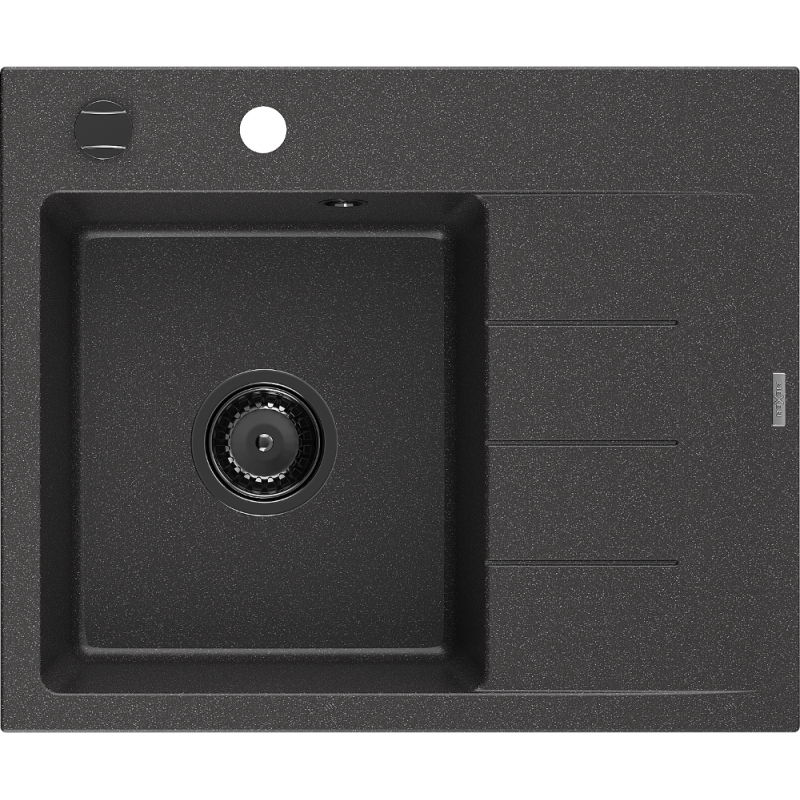 Mexen Ben Granite Sink 1-Bowl with Left Drainer 600 x 500 mm, Black Speckled, Black Siphon - 6522605000-76-B