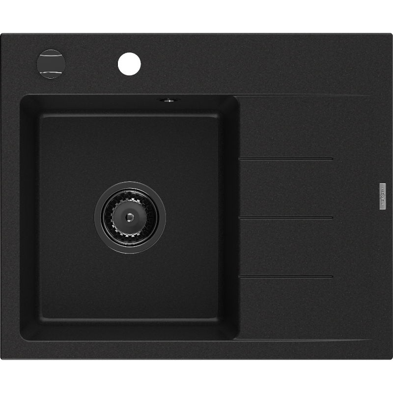 Mexen Ben granite sink, 1-bowl with left drainer 600 x 500 mm, black, black siphon - 6522605000-77-B
