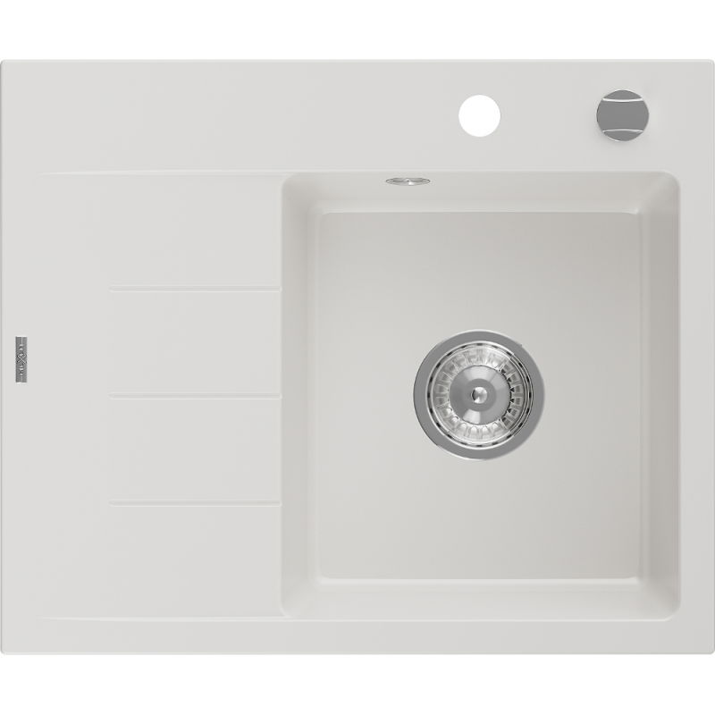 Mexen Ben granite sink 1-bowl with right drainer 600 x 500 mm, white, chrome siphon - 6523605000-20