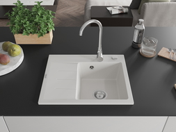 Mexen Ben granite sink 1-bowl with right drainer 600 x 500 mm, white, chrome siphon - 6523605000-20