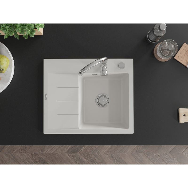 Mexen Ben 1-bowl granite sink with drainer, right 600 x 500 mm, white, chrome siphon - 6523605000-20