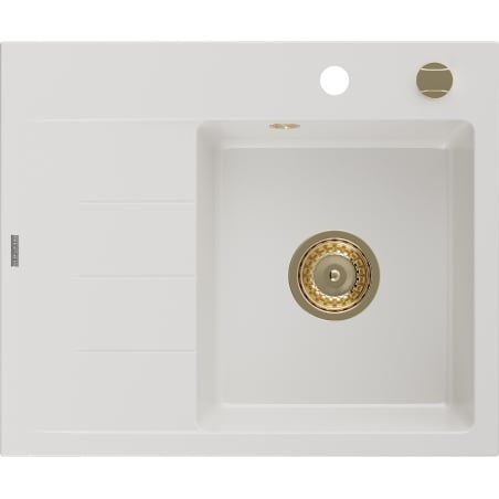Mexen Ben granite kitchen sink 1-bowl with right drainer 600 x 500 mm, white, golden siphon - 6523605000-20-G