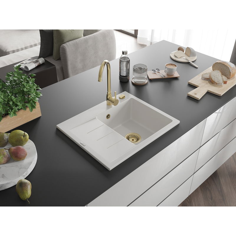 Mexen Ben granite kitchen sink 1-bowl with drainer, right 600 x 500 mm, white, gold siphon - 6523605000-20-G