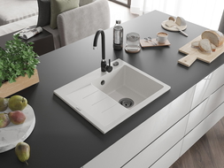 Mexen Ben granite sink 1-bowl with drainer, right 600 x 500 mm, white, black siphon - 6523605000-20-B