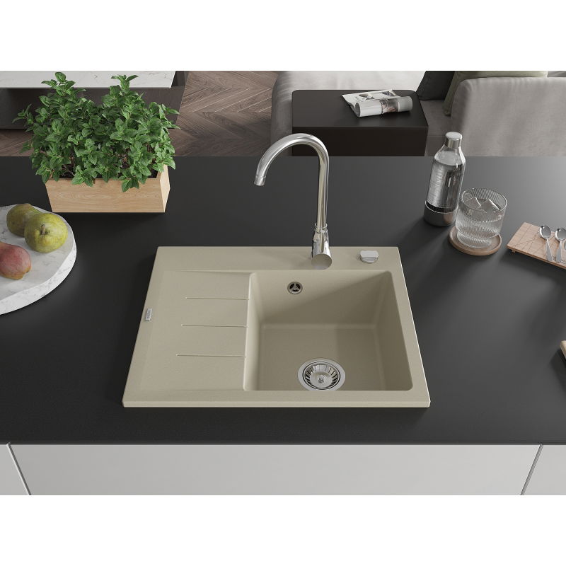 Mexen Ben granite sink 1-bowl with drainer, right 600 x 500 mm, beige, chrome siphon - 6523605000-69