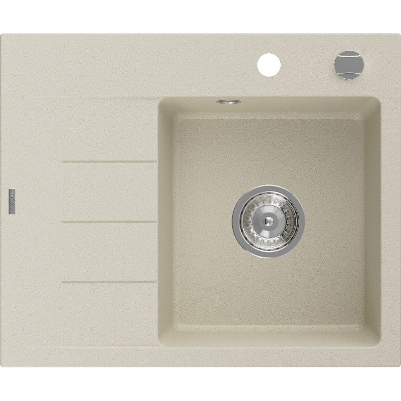Mexen Ben granite sink 1-bowl with drainer, right 600 x 500 mm, beige, chrome siphon - 6523605000-69