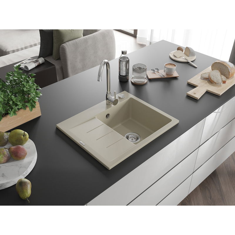 Mexen Ben granite sink 1-bowl with drainer, right 600 x 500 mm, beige, chrome siphon - 6523605000-69