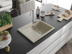 Mexen Ben Granite Kitchen Sink Single Bowl with Right Drainer 600 x 500 mm, Beige, Chrome Siphon - 6523605000-69