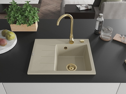 Mexen Ben granite sink 1-bowl with right drainer 600 x 500 mm, beige, gold siphon - 6523605000-69-G