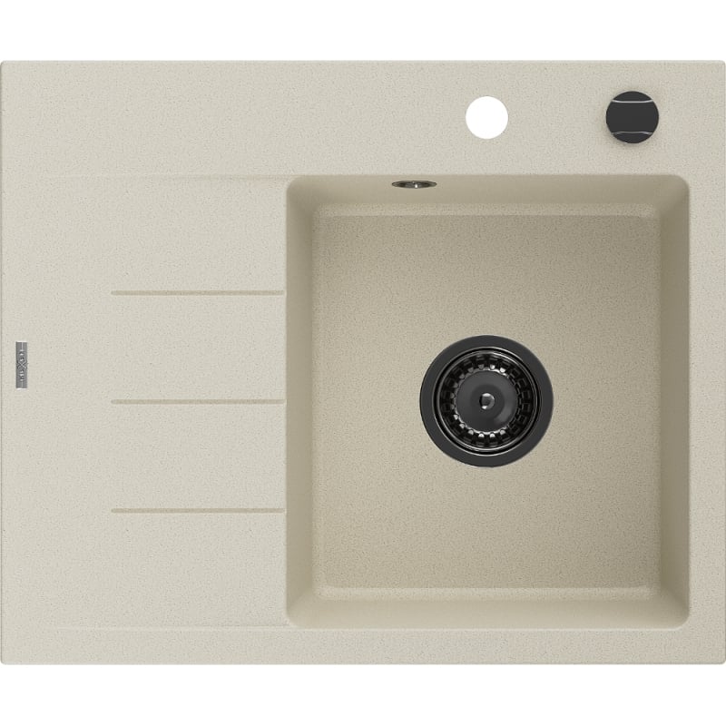 Mexen Ben granite kitchen sink 1-bowl with drainer, right 600 x 500 mm, beige, black siphon - 6523605000-69-B