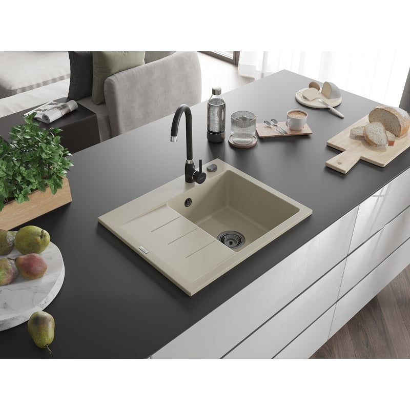 Mexen Ben granite kitchen sink 1-bowl with drainer, right 600 x 500 mm, beige, black siphon - 6523605000-69-B