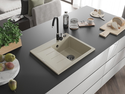 Mexen Ben granite sink 1-bowl with right drainer 600 x 500 mm, beige, black siphon - 6523605000-69-B