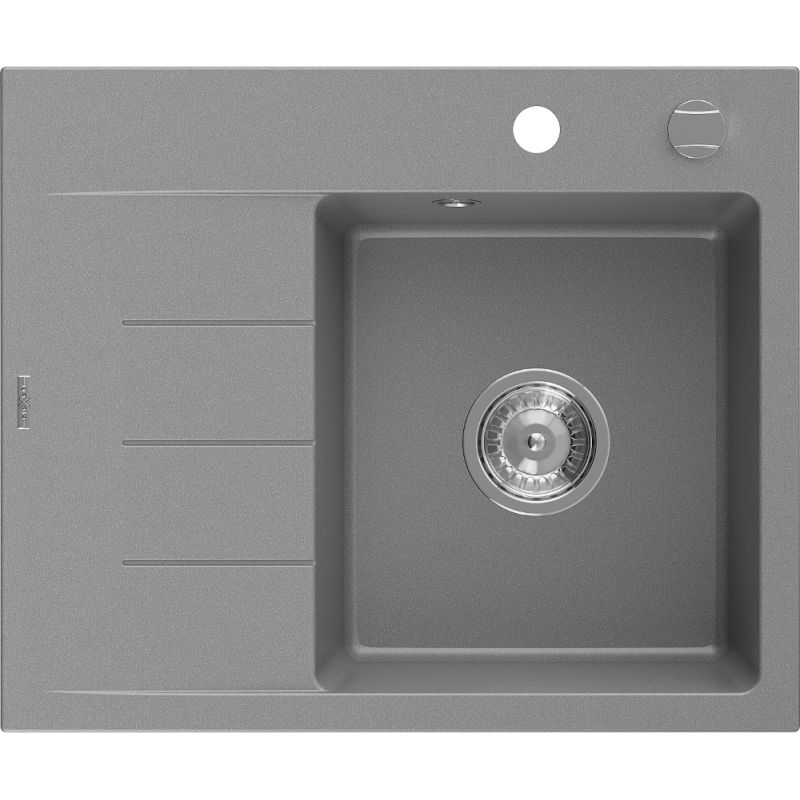 Mexen Ben granite sink 1-bowl with right drainer 600 x 500 mm, gray, chrome siphon - 6523605000-71