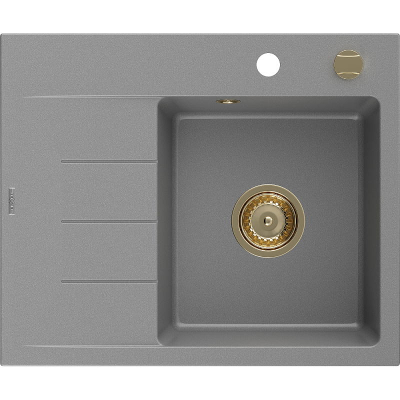 Mexen Ben 1-bowl granite sink with drainer, right 600 x 500 mm, gray, gold siphon - 6523605000-71-G