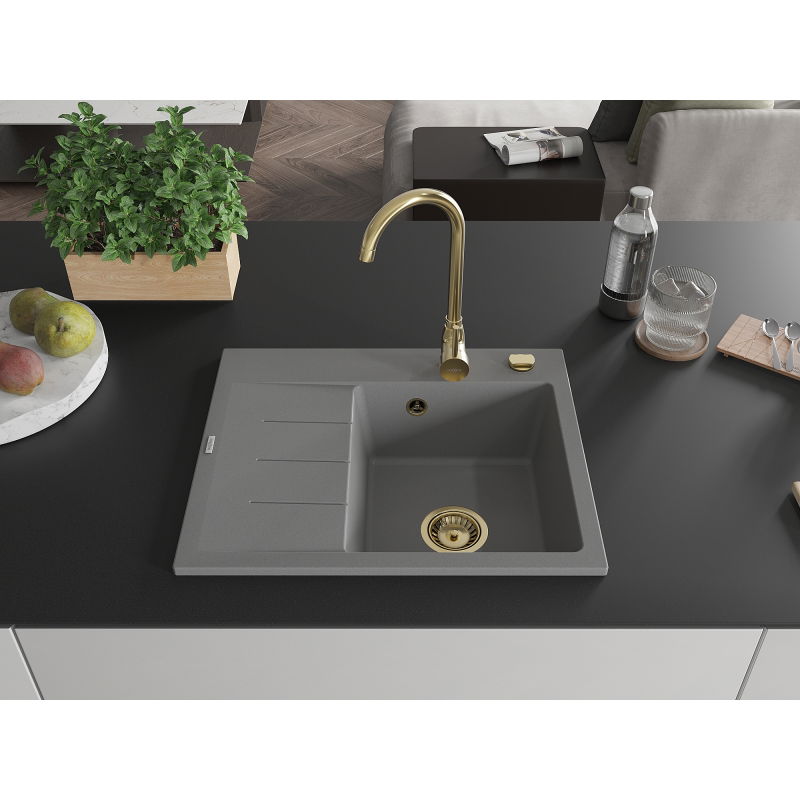 Mexen Ben 1-bowl granite sink with drainer, right 600 x 500 mm, gray, gold siphon - 6523605000-71-G