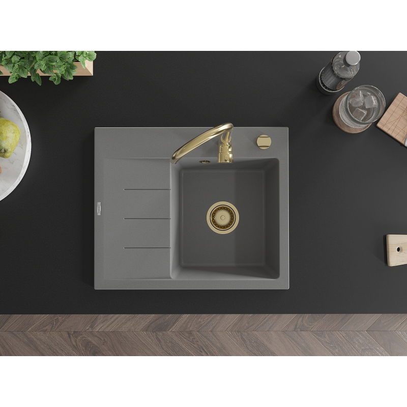 Mexen Ben 1-bowl granite sink with drainer, right 600 x 500 mm, gray, gold siphon - 6523605000-71-G