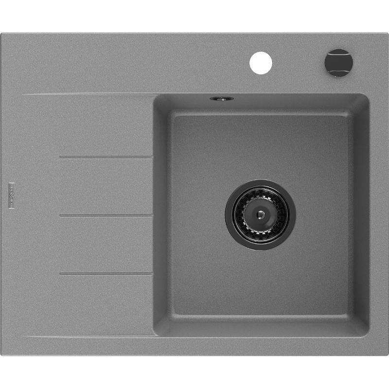 Mexen Ben granite kitchen sink 1-bowl with drainer, right 600 x 500 mm, gray, black siphon - 6523605000-71-B