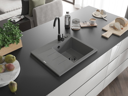 Mexen Ben granite kitchen sink 1-bowl with right drainer 600 x 500 mm, grey, black siphon - 6523605000-71-B